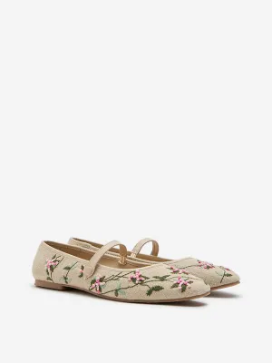 LUNA BLU Beige Floral Embroidered Mary Jane Shoes