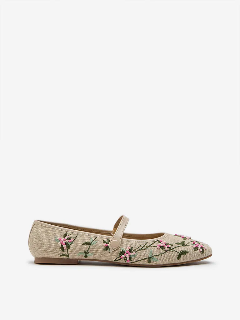 LUNA BLU Beige Floral Embroidered Mary Jane Shoes