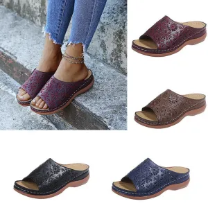 Purpdrank - 2023 New Leather Soft Footbed Orthopedic Arch-Support Sandals Women's Summer Beach Shoes Flat Heel Female Casual Wedge Sandalias